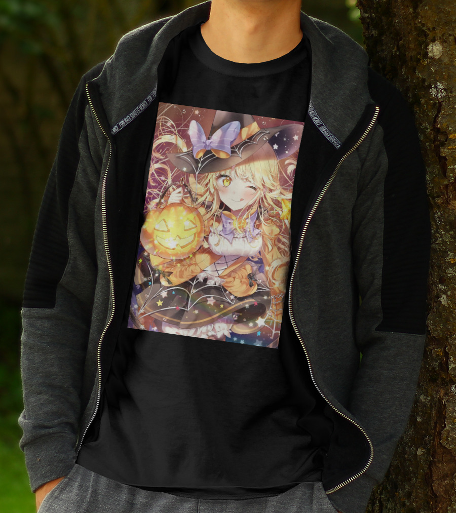Anime Halloween Witch Girl With Pumpkin Lantern And Stars T-Shirt