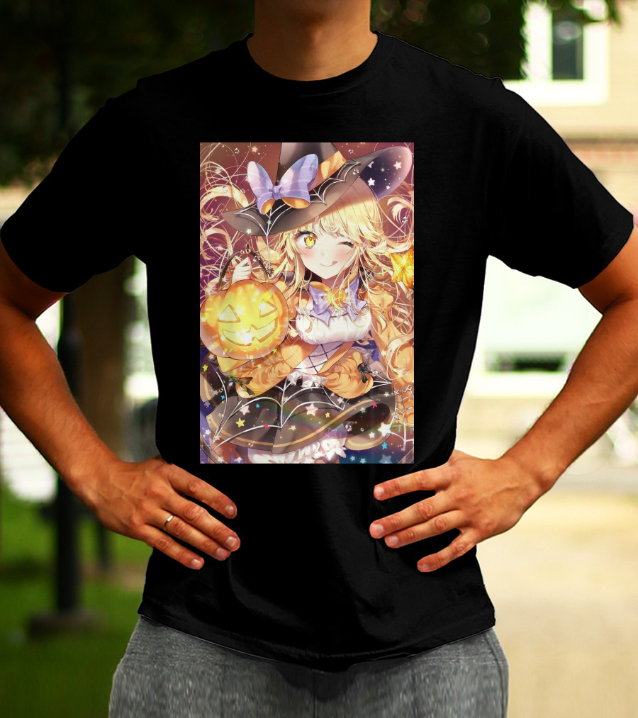 Anime Halloween Witch Girl With Pumpkin Lantern And Stars T-Shirt