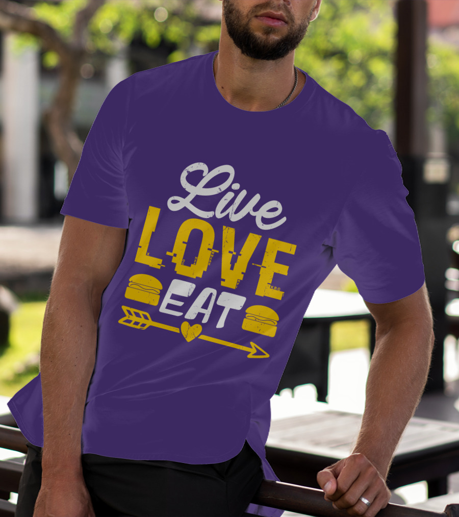 Live Love Eat With Burgers And Heart Arrow On Red T-Shirt