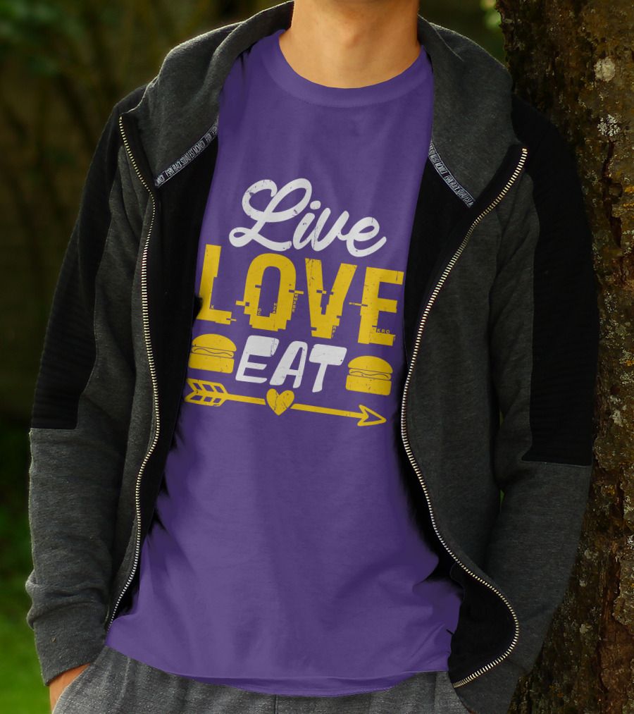 Live Love Eat With Burgers And Heart Arrow On Red T-Shirt