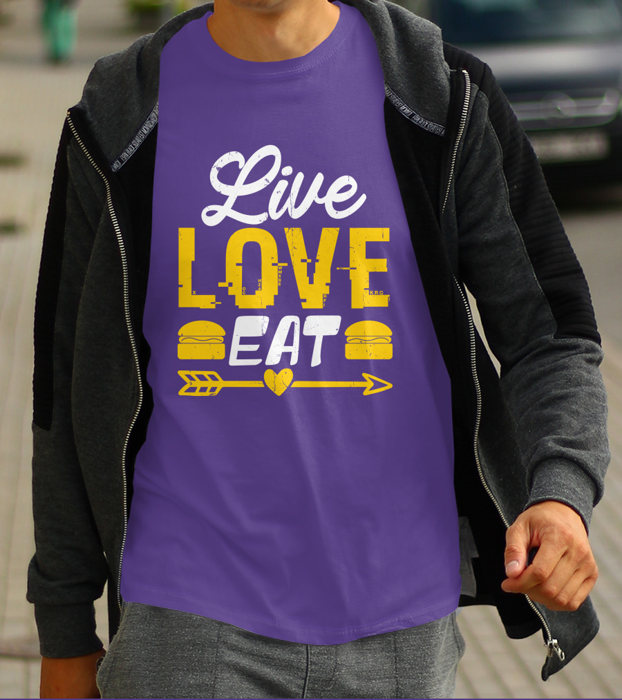 Live Love Eat With Burgers And Heart Arrow On Red T-Shirt