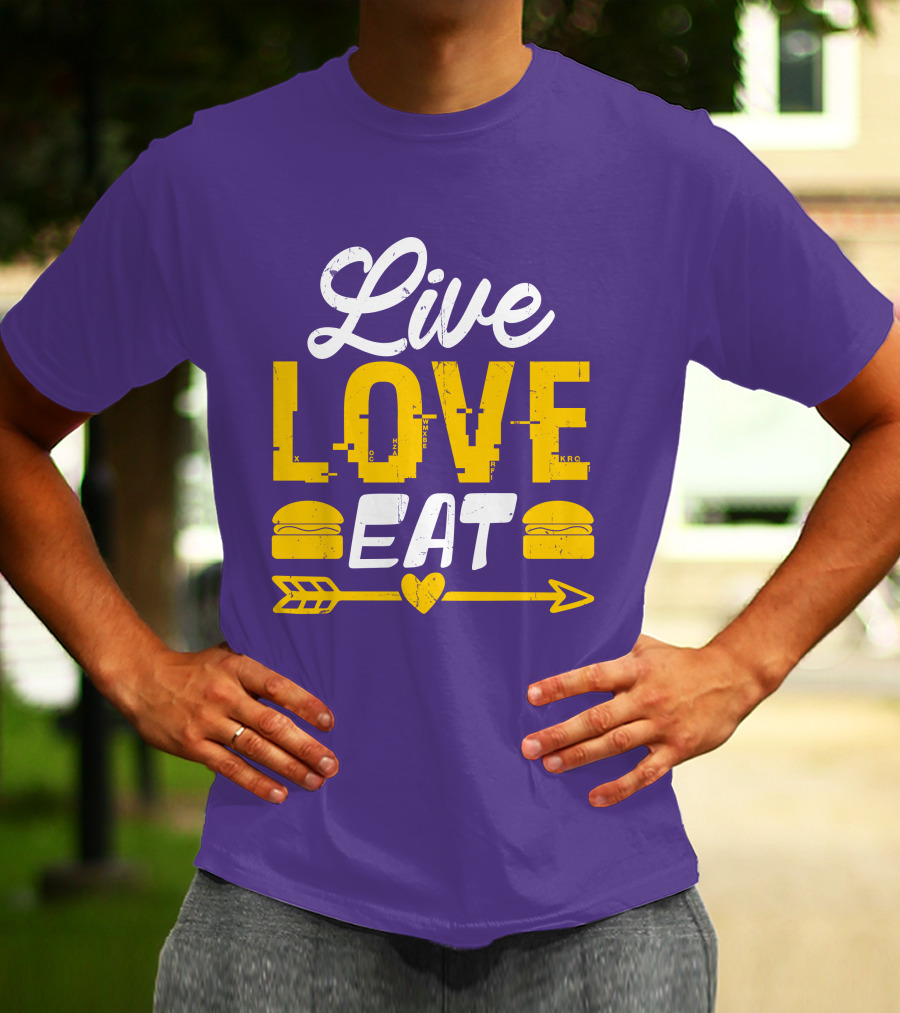 Live Love Eat With Burgers And Heart Arrow On Red T-Shirt