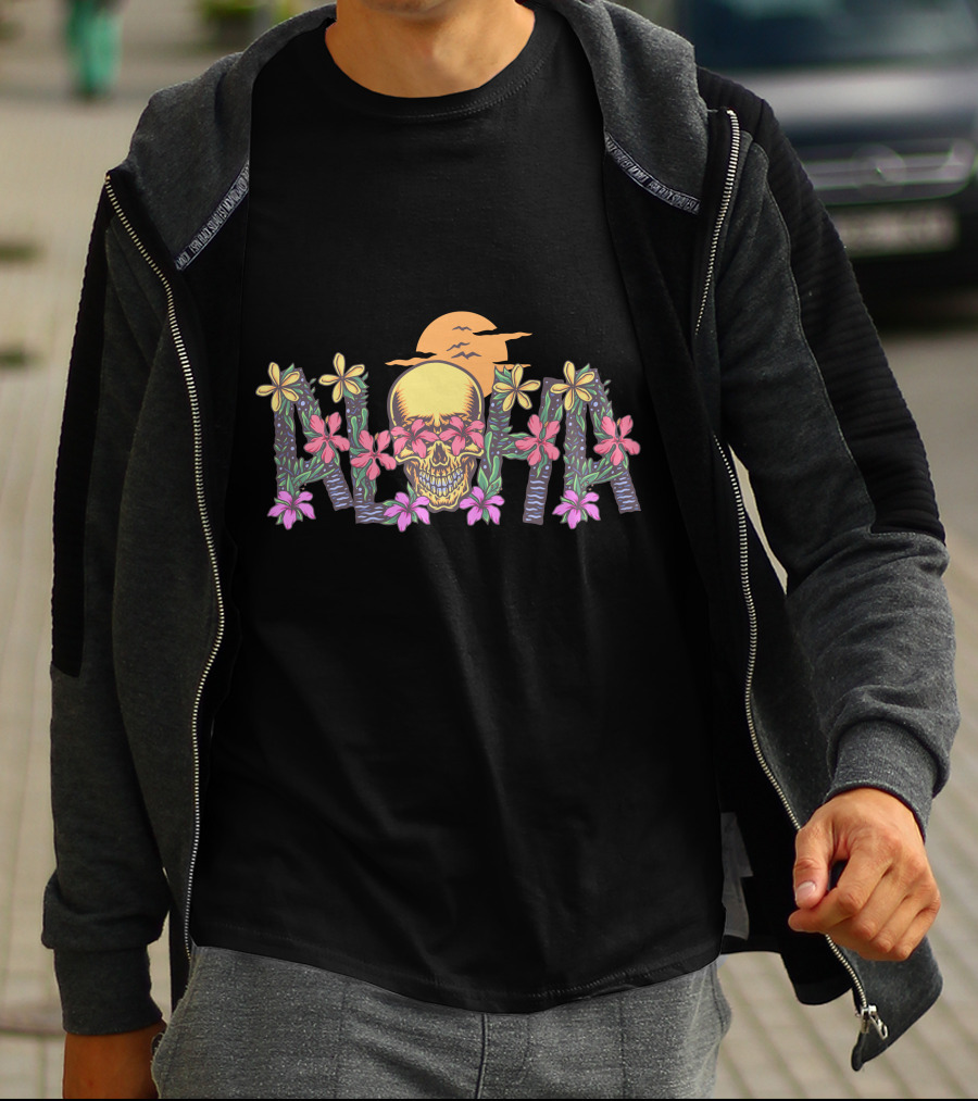 Aloha Skull Hawaii Floral Sunset T-Shirt