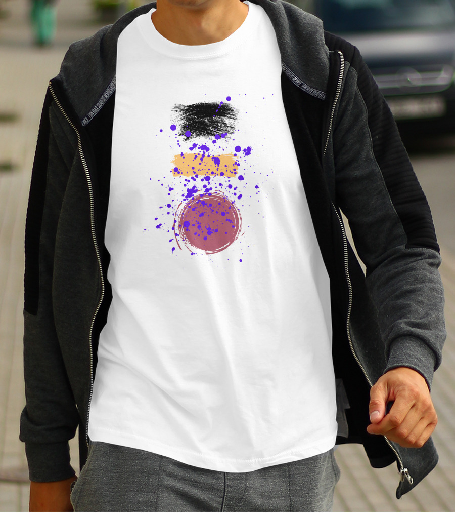 Painting Freestyle Black Yellow Purple Splatter Circle T-Shirt