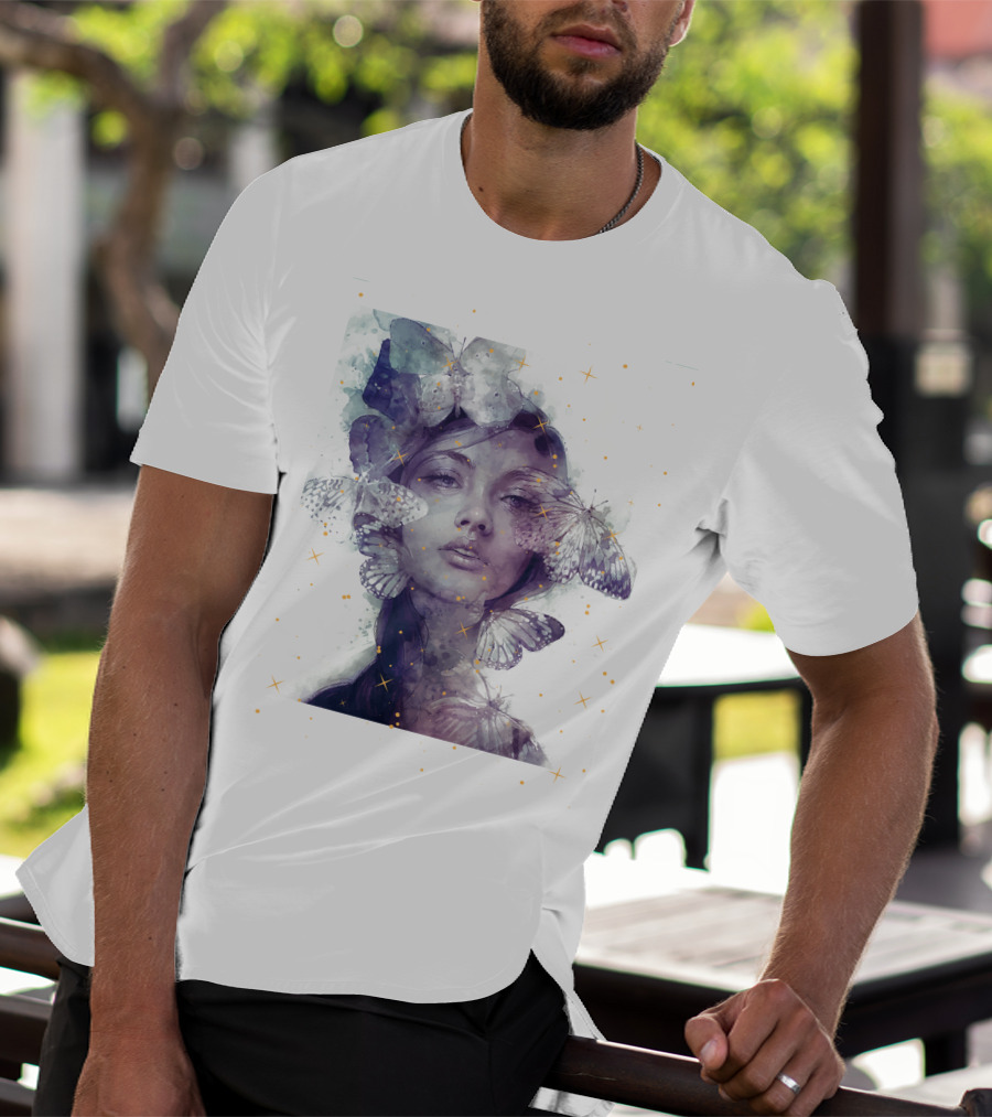 Butterfly And Girl Dreamy Watercolor Portrait With Stars T-Shirt