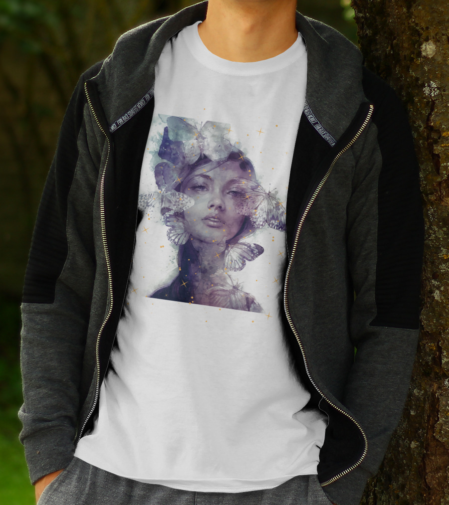 Butterfly And Girl Dreamy Watercolor Portrait With Stars T-Shirt