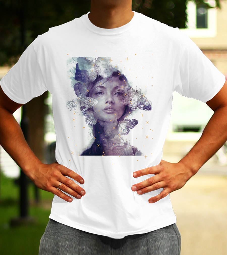 Butterfly And Girl Dreamy Watercolor Portrait With Stars T-Shirt