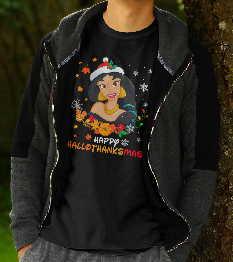Jasmine Happy Hallothanksmas Snowflakes Autumn Leaves Santa Hat T-Shirt
