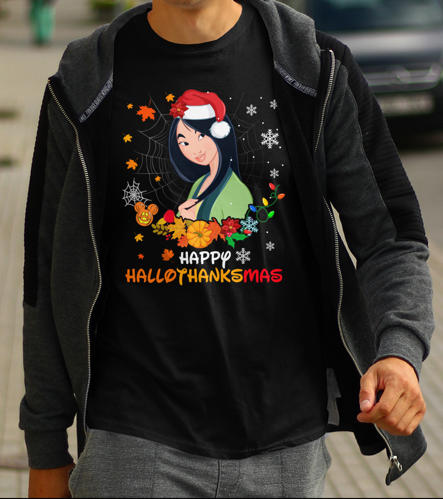 Happy Hallothanksmas Mulan Snowflakes Santa Hat Leaves T-Shirt