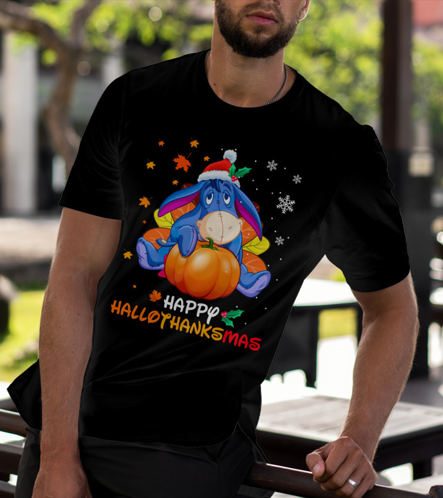 Happy Hallowthanksmas Eeyore Pumpkin Santa Hat Snowflakes Leaves Holiday T-Shirt