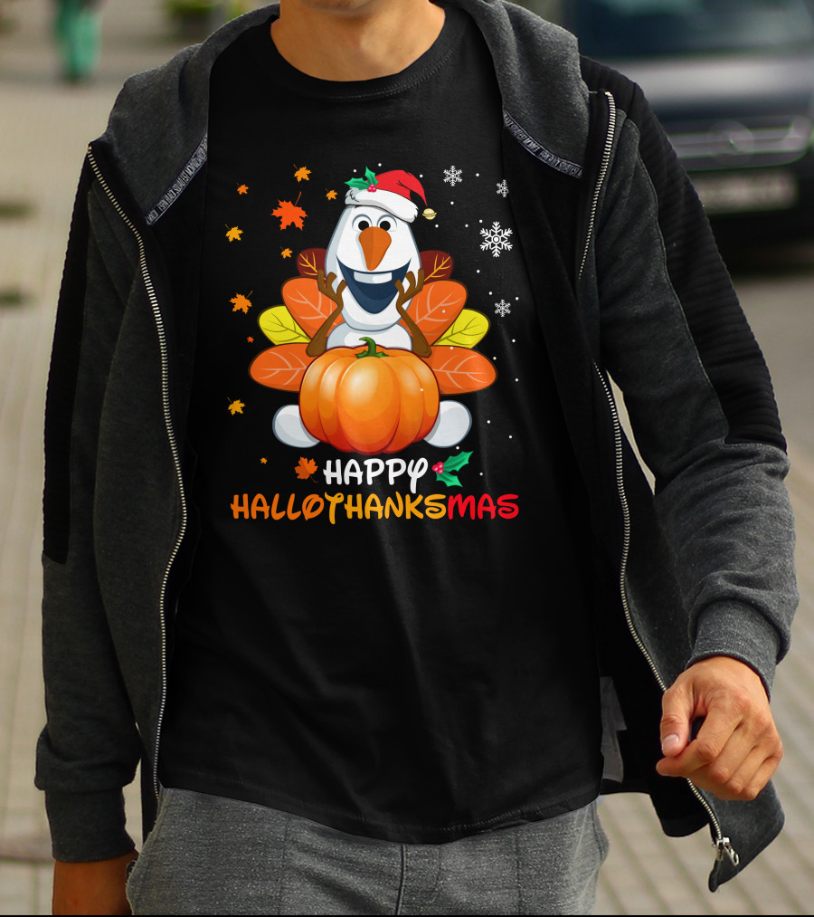 Happy Hallothanksmas Olaf Pumpkin Snowman Santa Hat Snowflakes T-Shirt