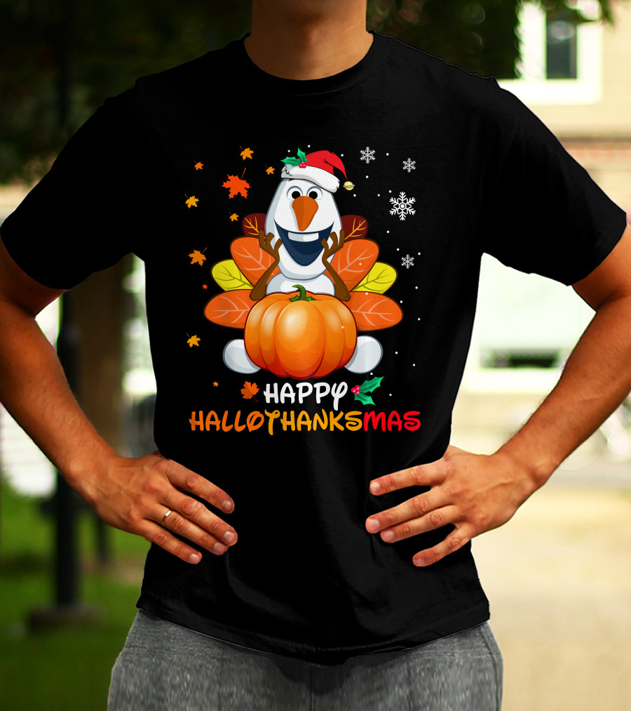 Happy Hallothanksmas Olaf Pumpkin Snowman Santa Hat Snowflakes T-Shirt