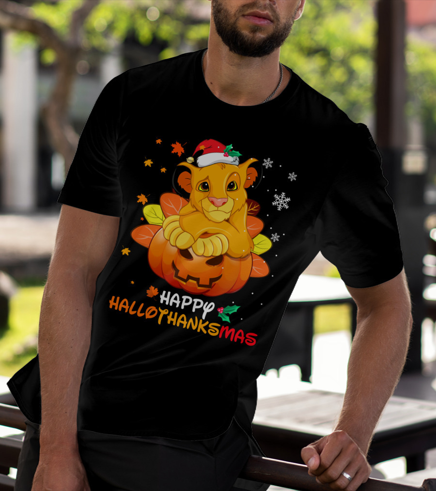 Happy Hallothanksmas Simba Pumpkin Santa Hat Snowflakes T-Shirt