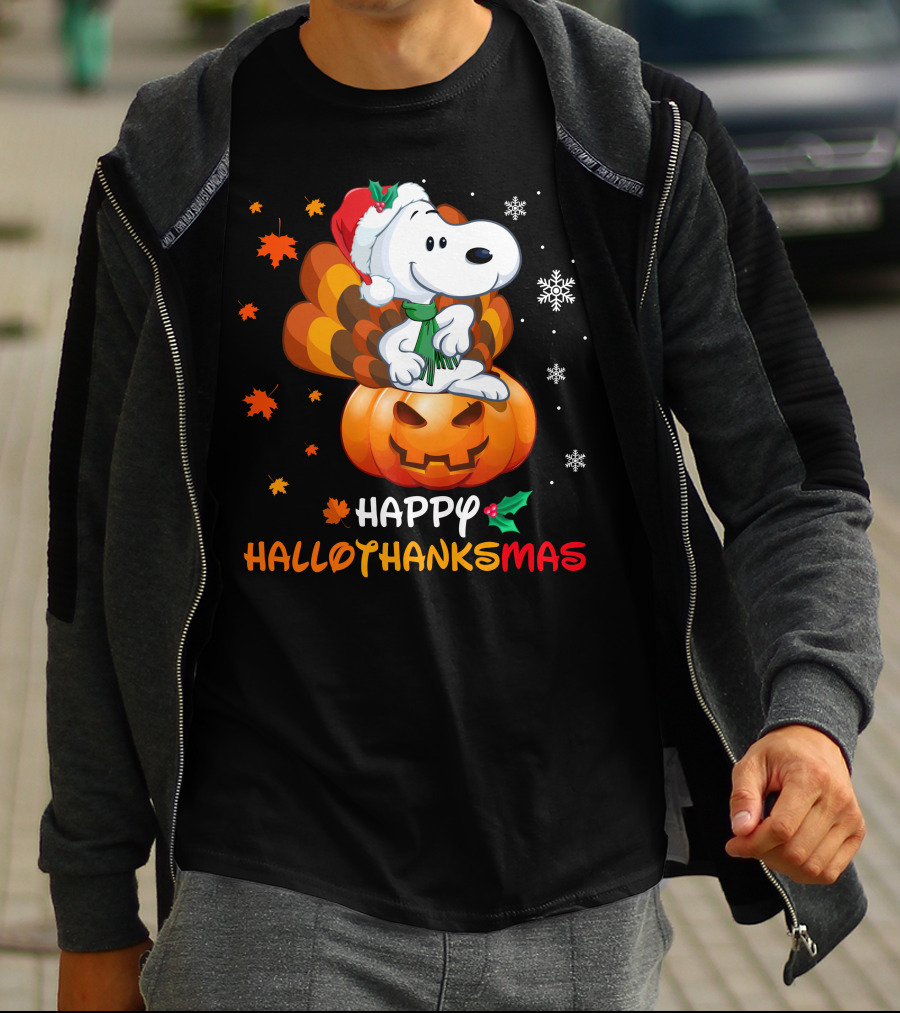 Snoopy Happy Hallothanksmas Pumpkin Snowflakes Santa Hat Scarf T-Shirt