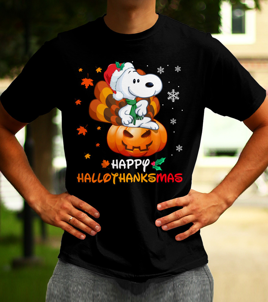 Snoopy Happy Hallothanksmas Pumpkin Snowflakes Santa Hat Scarf T-Shirt