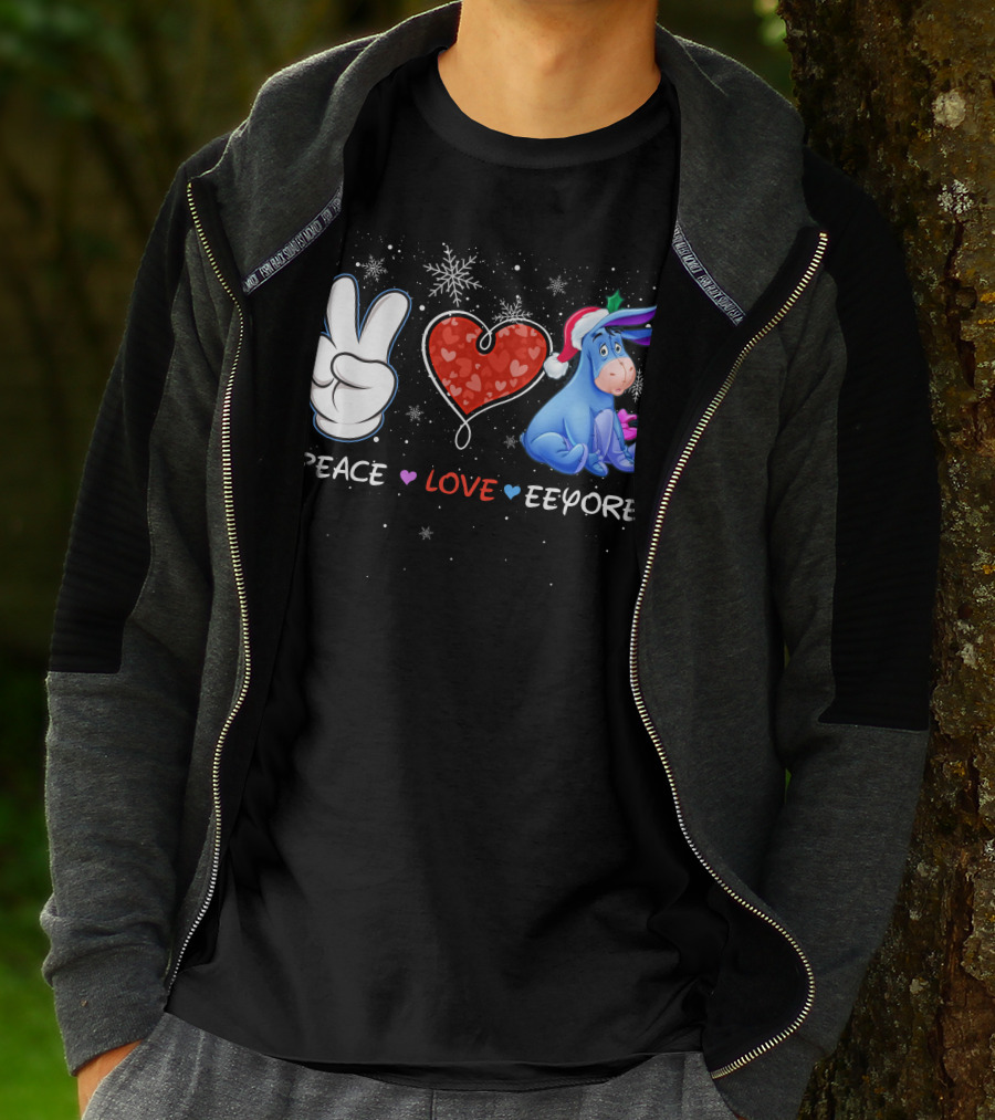 Peace Love Eeyore Santa Hat Winter Snowflakes T-Shirt