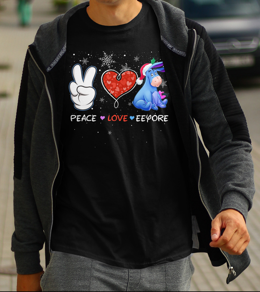 Peace Love Eeyore Santa Hat Winter Snowflakes T-Shirt
