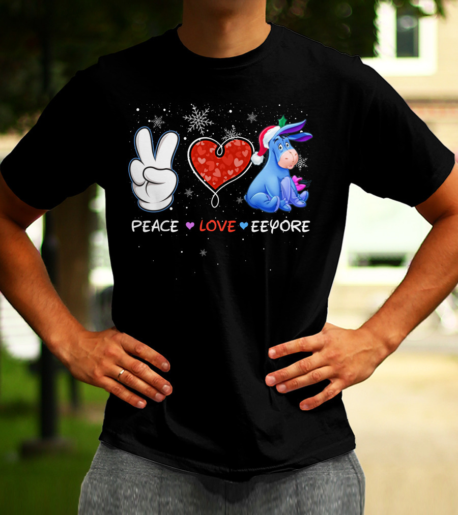 Peace Love Eeyore Santa Hat Winter Snowflakes T-Shirt