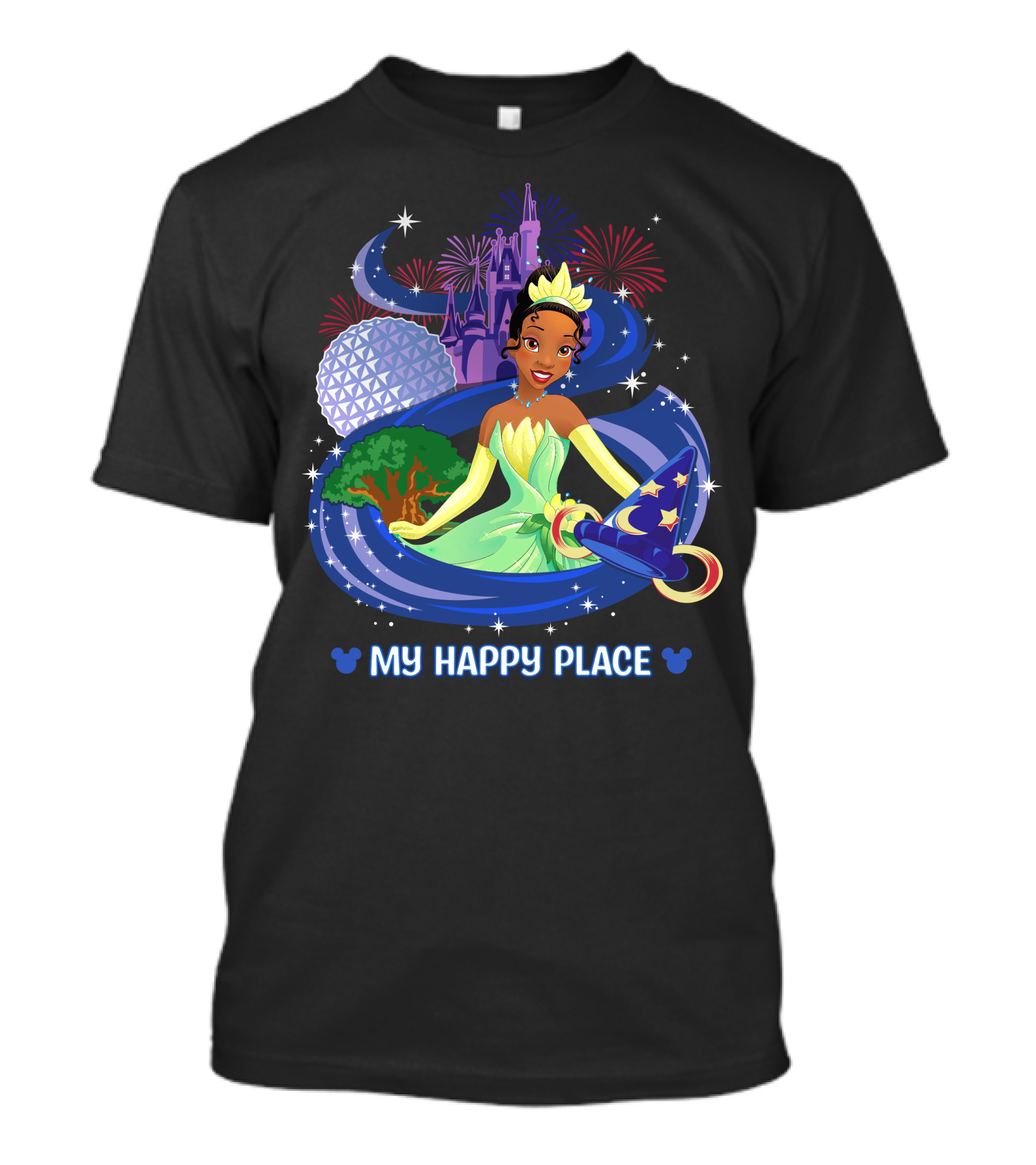 Tiana My Happy Place Disney Parks Epcot Fireworks Castle Sorcerer Hat T-Shirt
