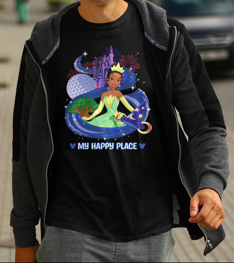 Tiana My Happy Place Disney Parks Epcot Fireworks Castle Sorcerer Hat T-Shirt