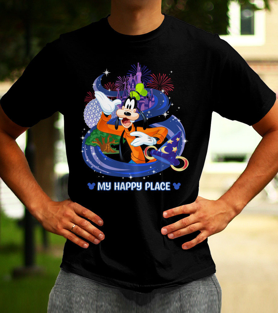 Goofy My Happy Place Disney Fireworks Epcot Sorcerer Mickey's Hat T-Shirt