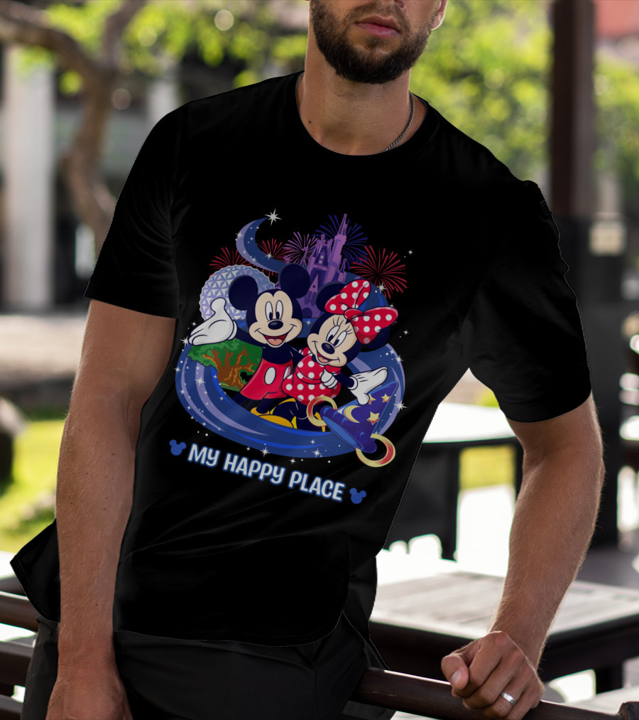Mickey Minnie My Happy Place Disney Castle Fireworks T-Shirt