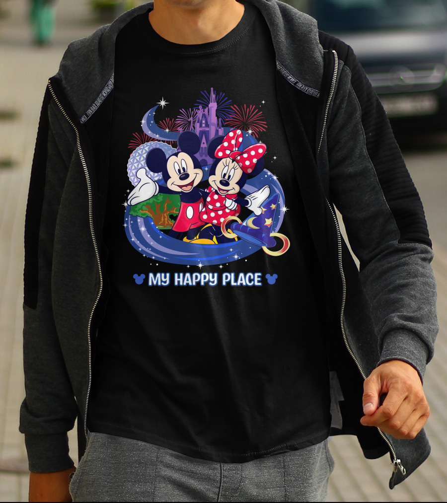 Mickey Minnie My Happy Place Disney Castle Fireworks T-Shirt