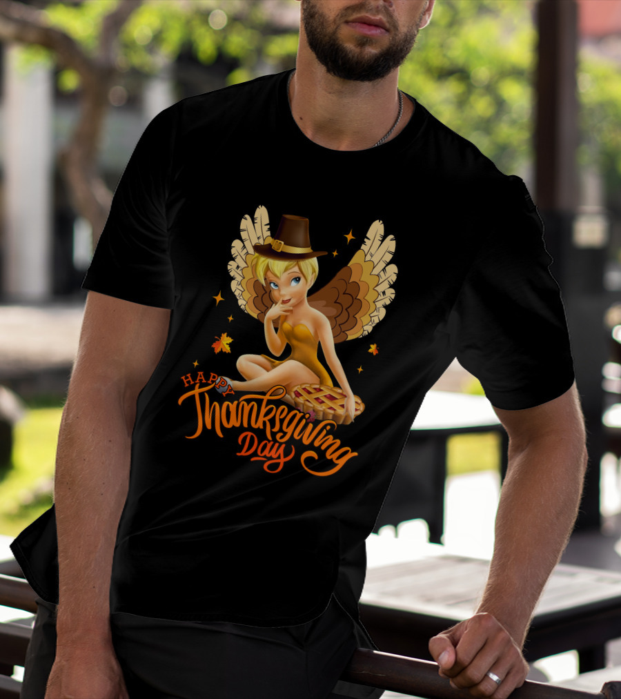Happy Thanksgiving Day Tinker Bell With Pilgrim Hat And Pie T-Shirt