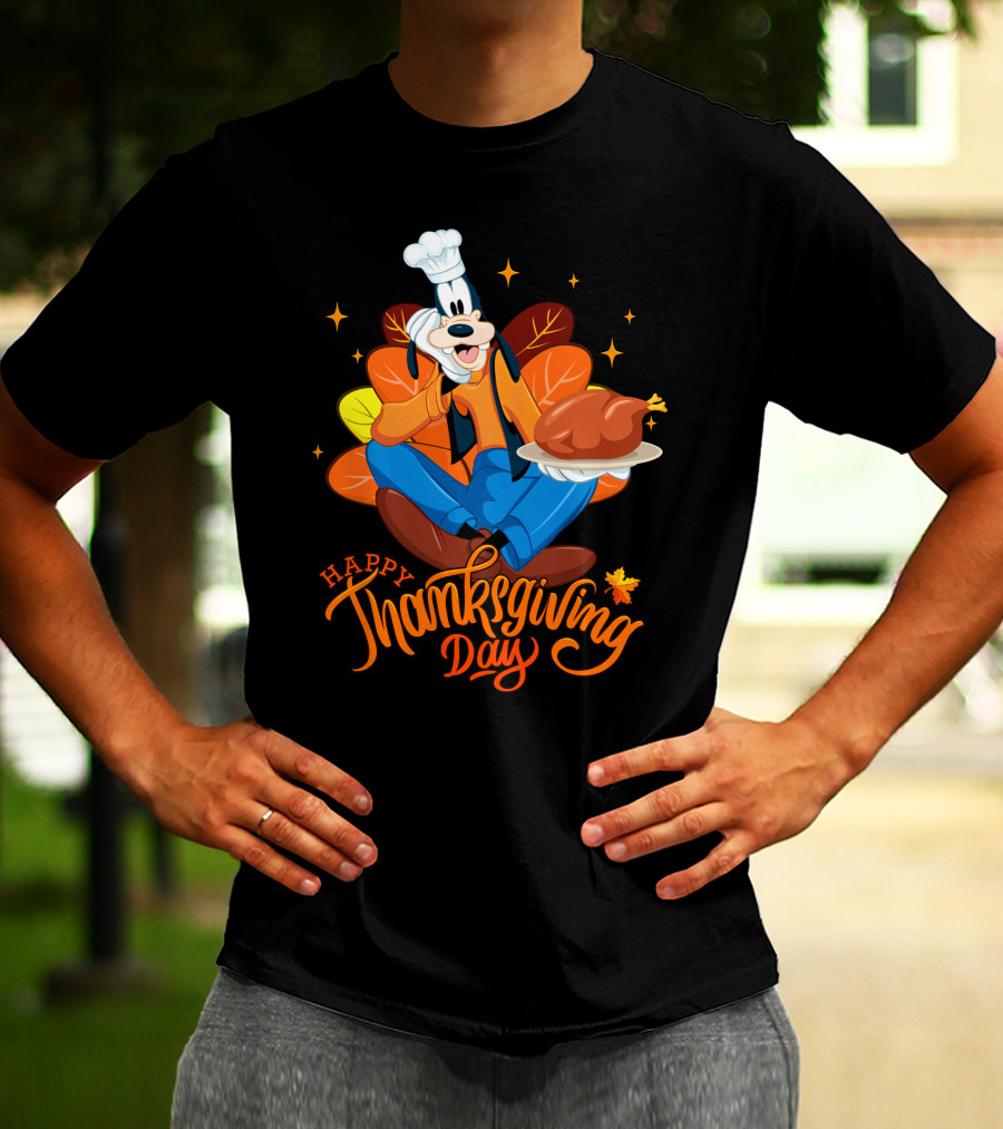 Goofy Happy Thanksgiving Day Chef With Turkey And Autumn Leaves T-Shirt