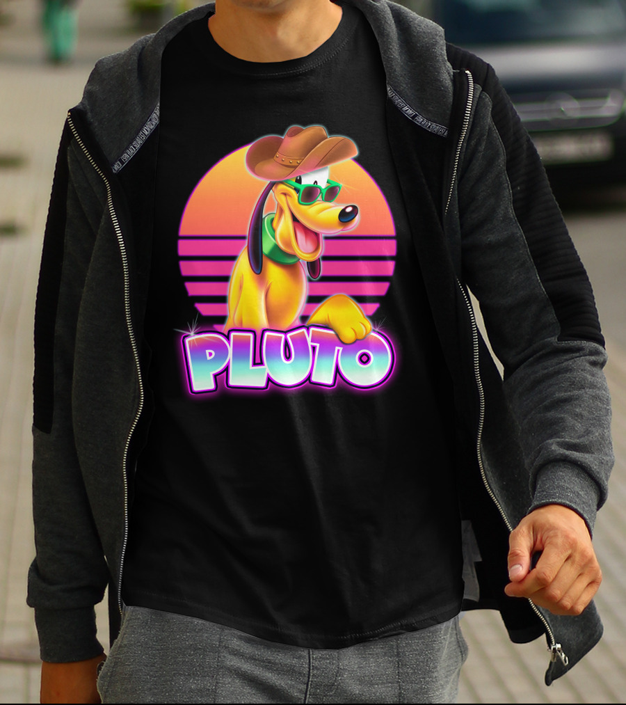 Pluto Retro Sunset Neon Style With Sunglasses And Cowboy Hat T-Shirt