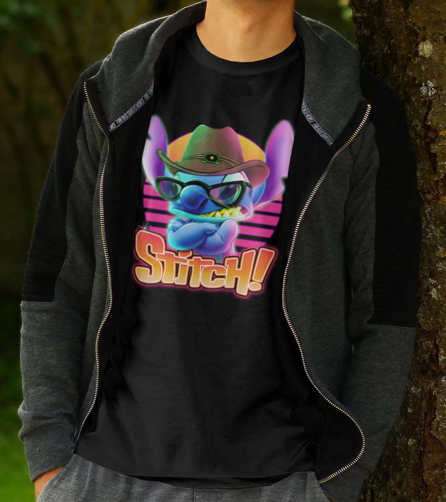 Stitch Neon Retro Cowboy Style With Sunglasses T-Shirt