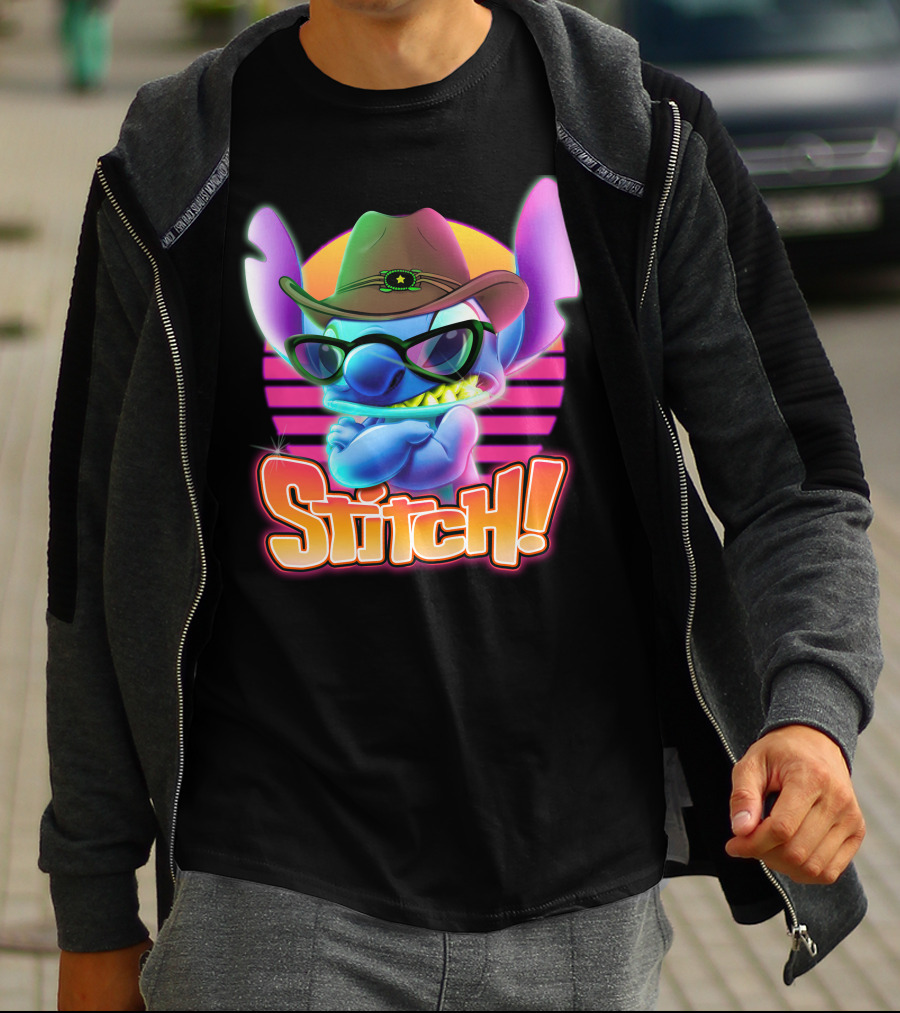 Stitch Neon Retro Cowboy Style With Sunglasses T-Shirt