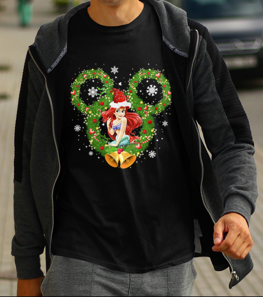 Ariel Christmas Holiday Wreath With Mickey Ears And Festive Bells T-Shirt