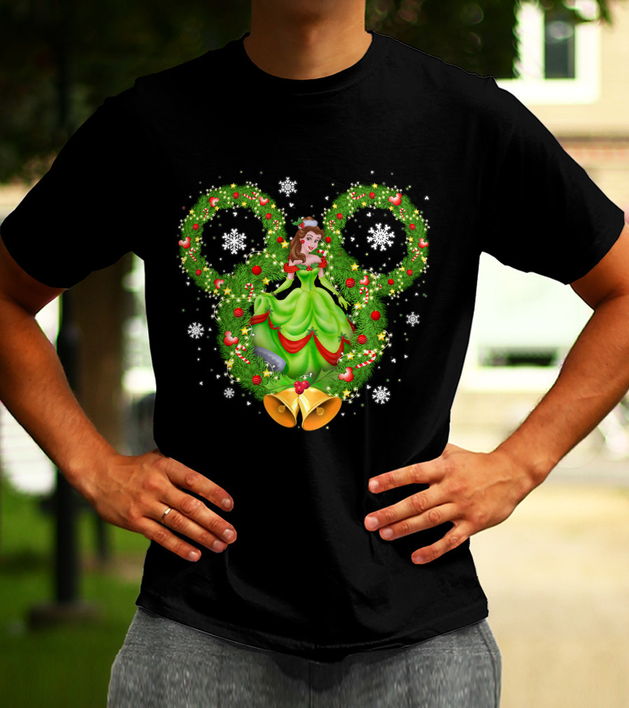 Belle Christmas Wreath Mickey Ears Snowflakes And Bells T-Shirt