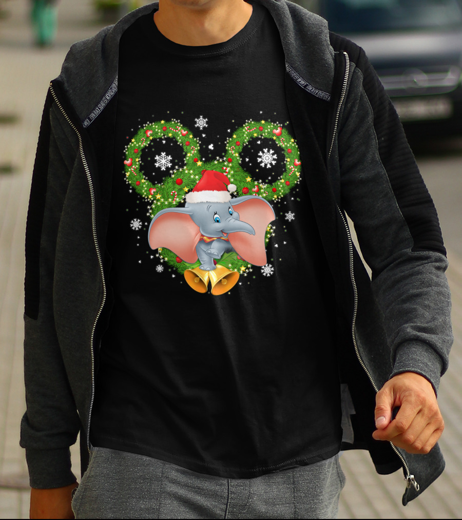 Dumbo Christmas Santa Hat Holiday Wreath Snowflakes T-Shirt