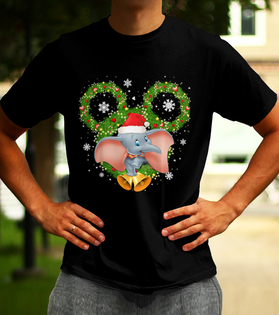Dumbo Christmas Santa Hat Holiday Wreath Snowflakes T-Shirt