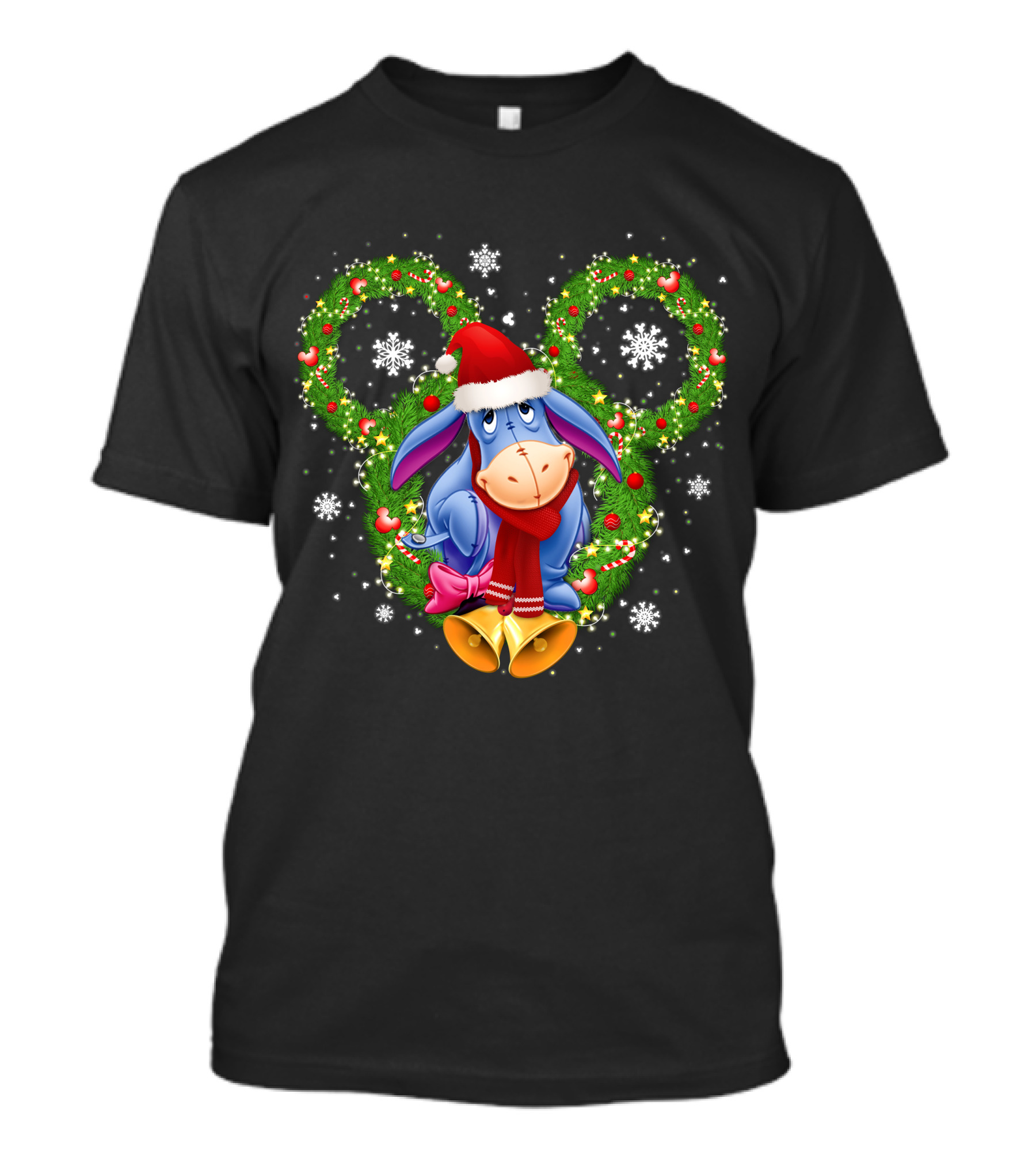 Eeyore Christmas Mickey Ears Wreath Snowflakes Santa Hat T-Shirt