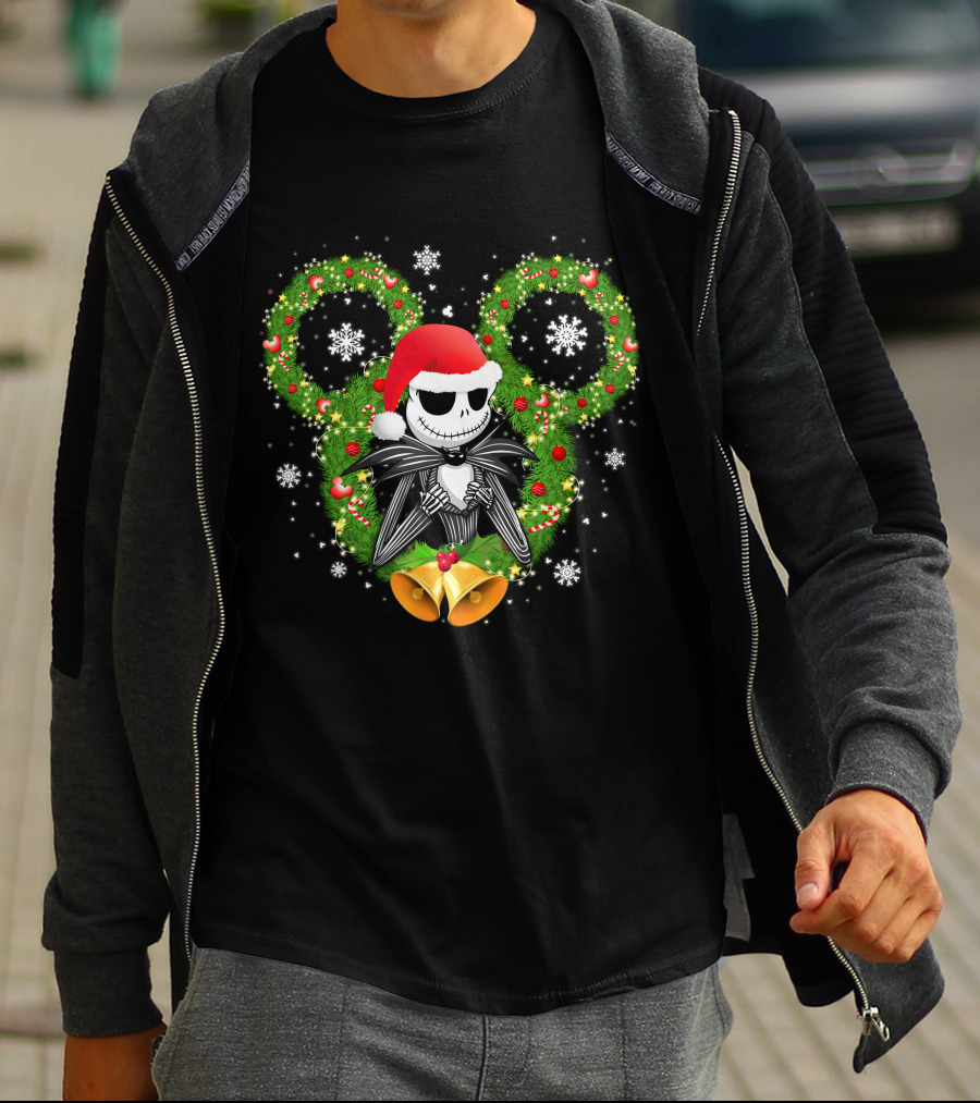 Jack Skellington Santa Hat Christmas Wreath Mickey Ears T-Shirt