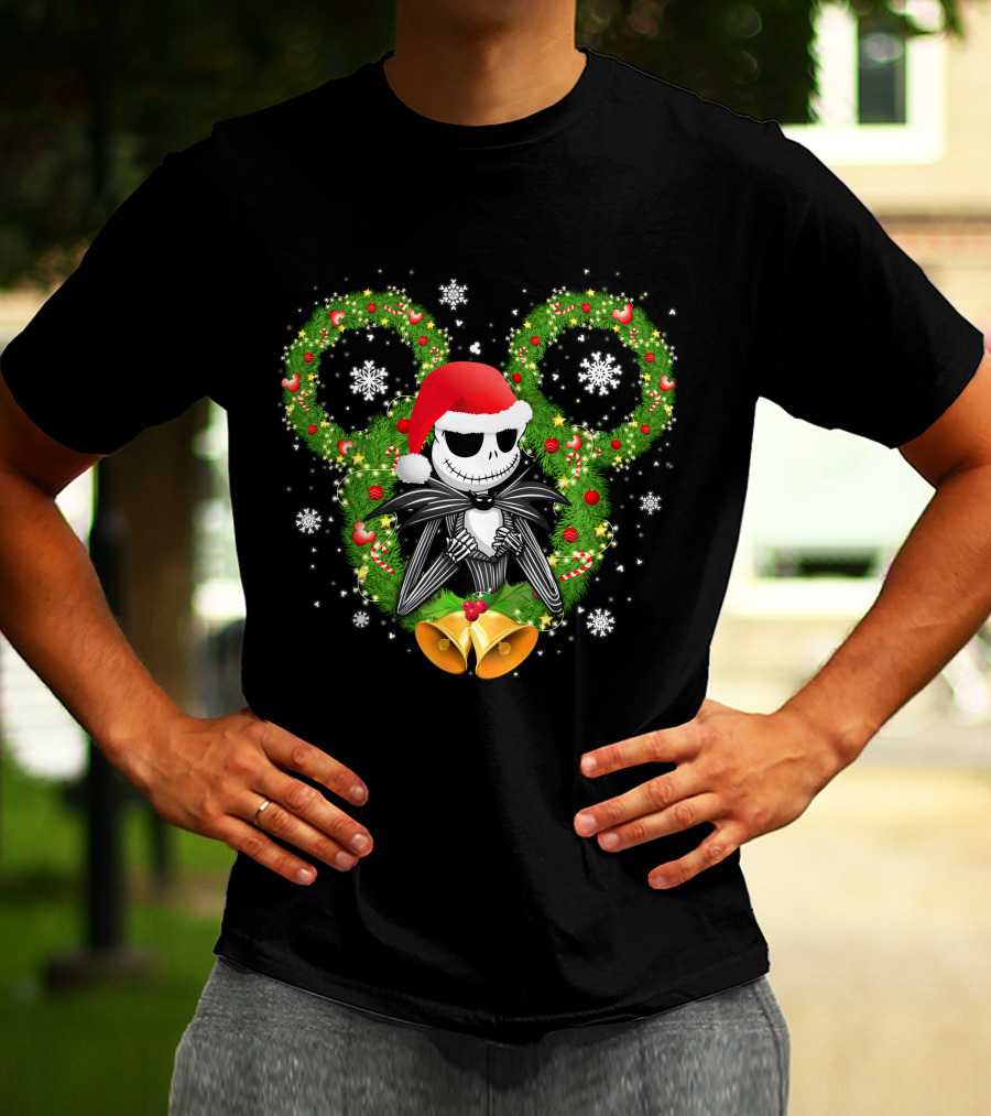 Jack Skellington Santa Hat Christmas Wreath Mickey Ears T-Shirt
