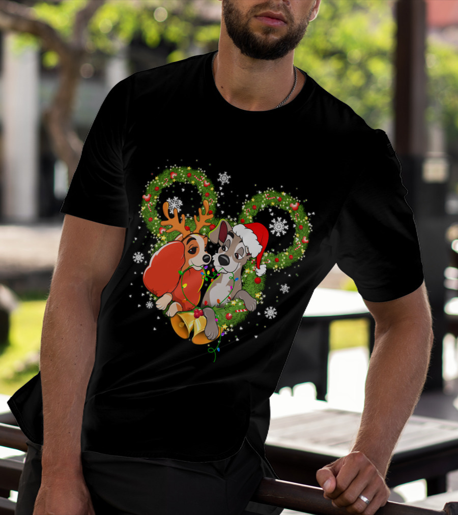 Lady And The Tramp Christmas Wreath Mickey Ears Snowflakes T-Shirt