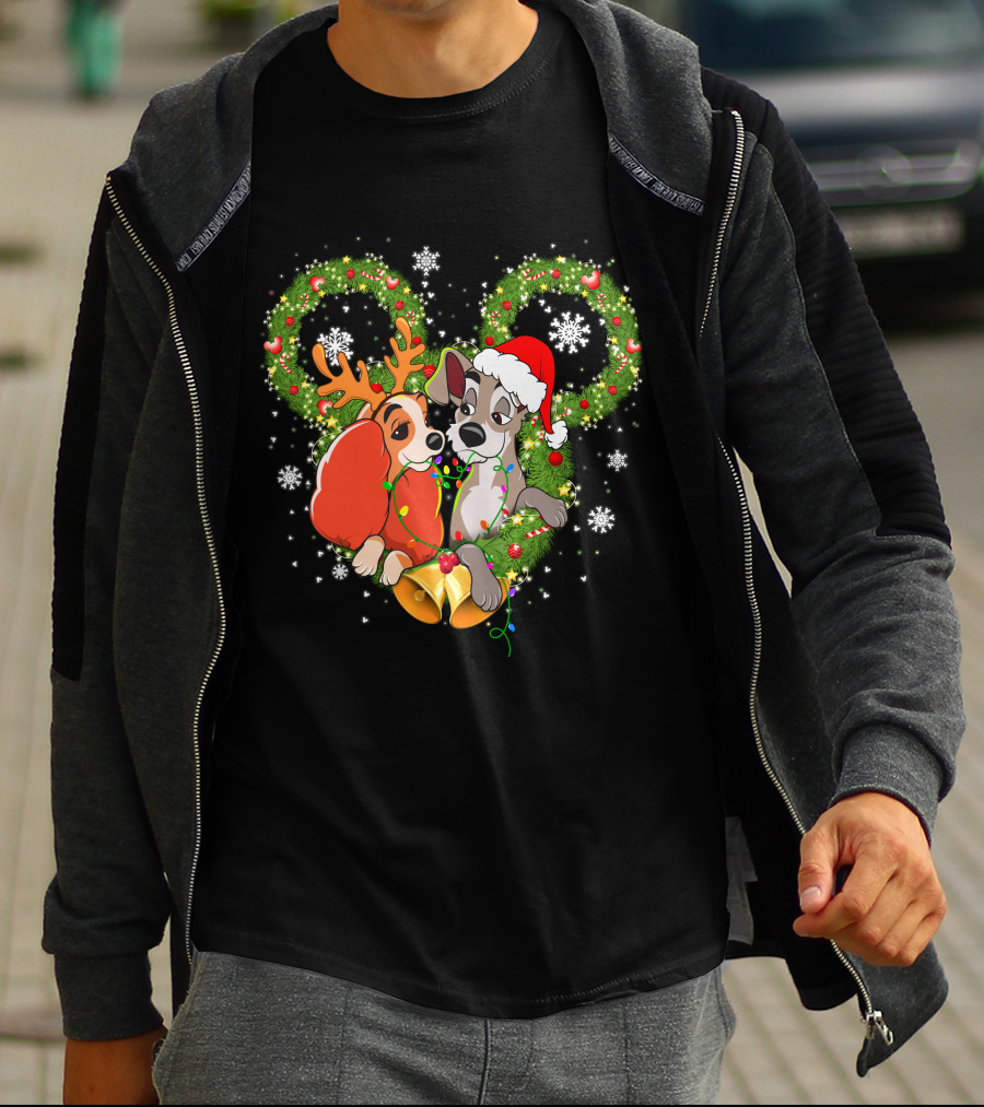 Lady And The Tramp Christmas Wreath Mickey Ears Snowflakes T-Shirt