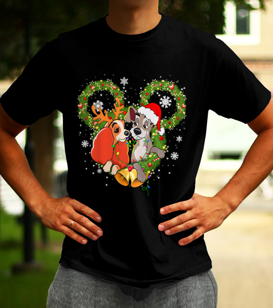 Lady And The Tramp Christmas Wreath Mickey Ears Snowflakes T-Shirt