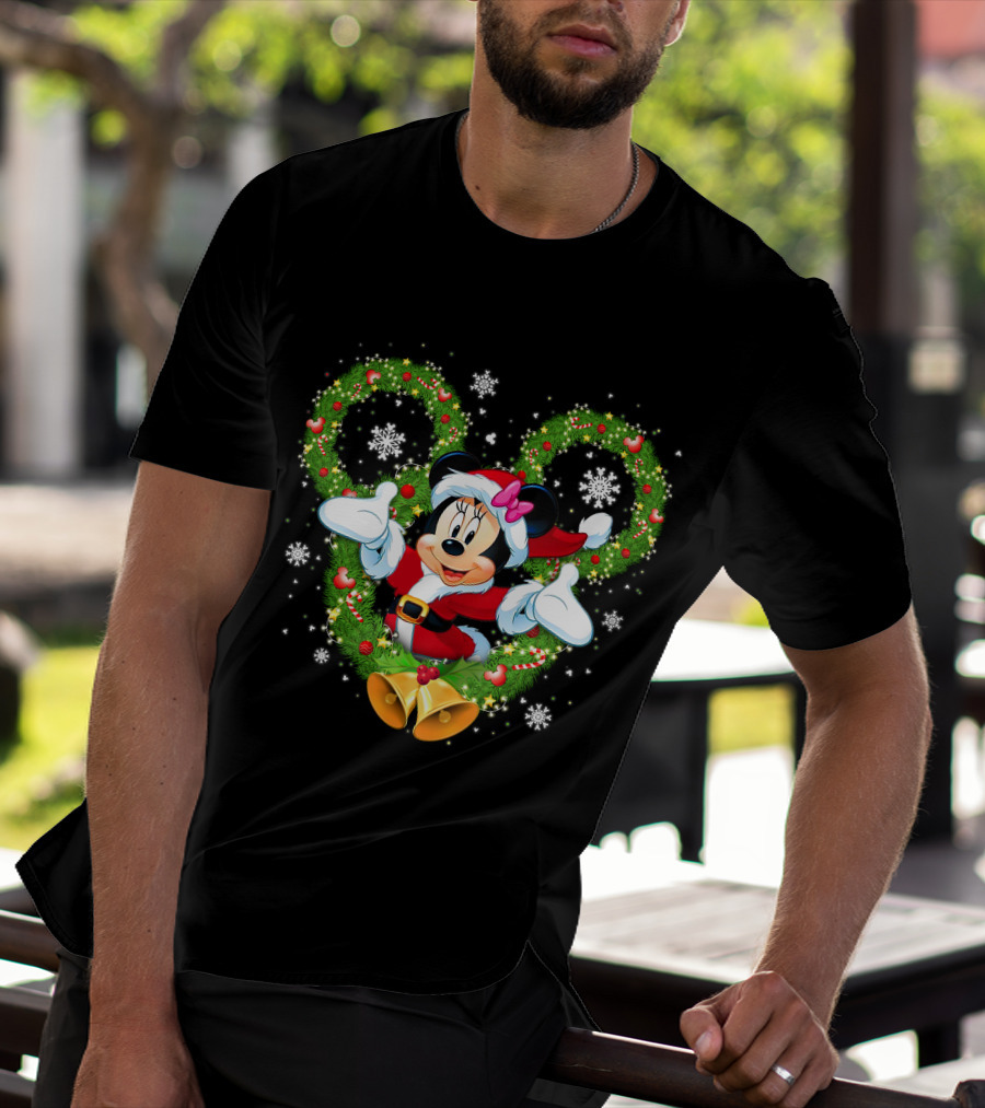 Minnie Mouse Christmas Wreath Santa Snowflakes Bow Bells T-Shirt