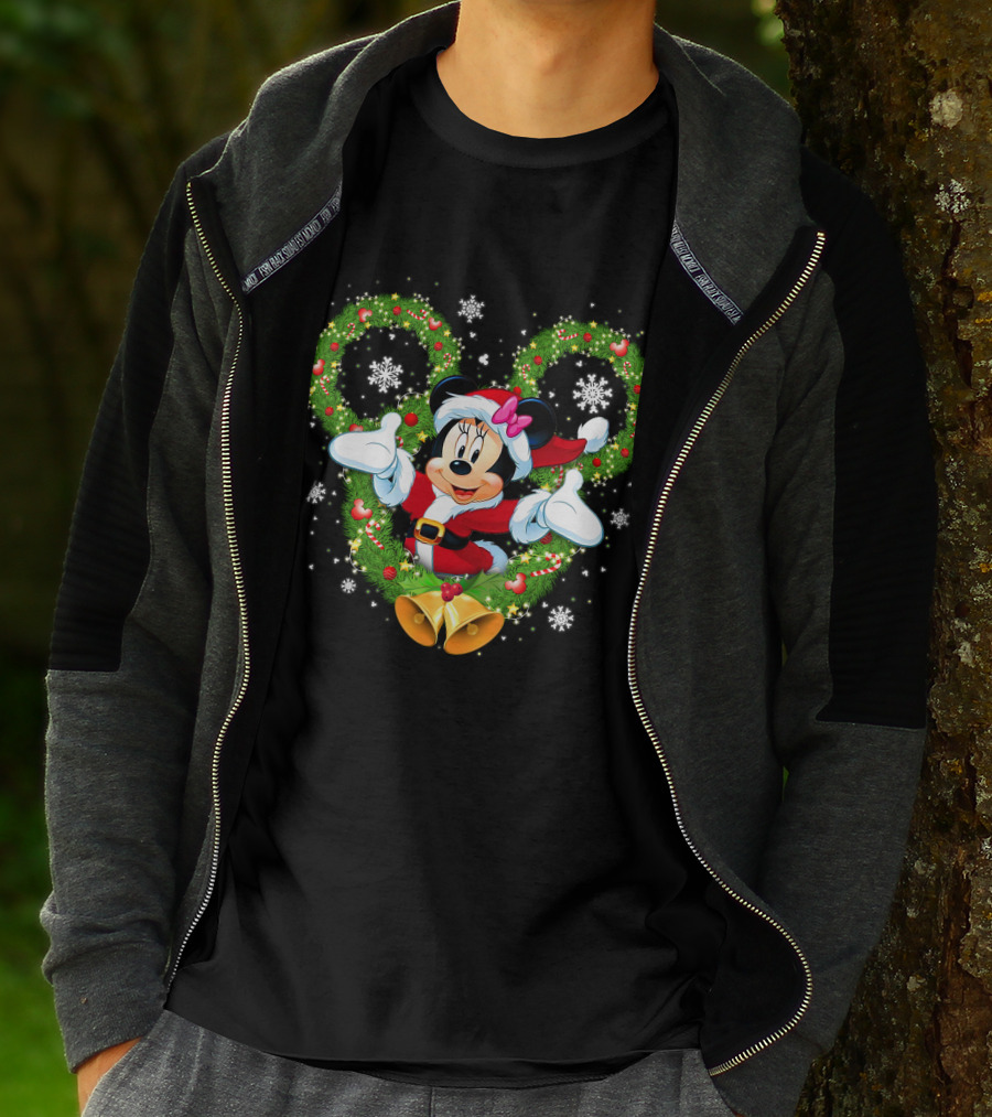 Minnie Mouse Christmas Wreath Santa Snowflakes Bow Bells T-Shirt