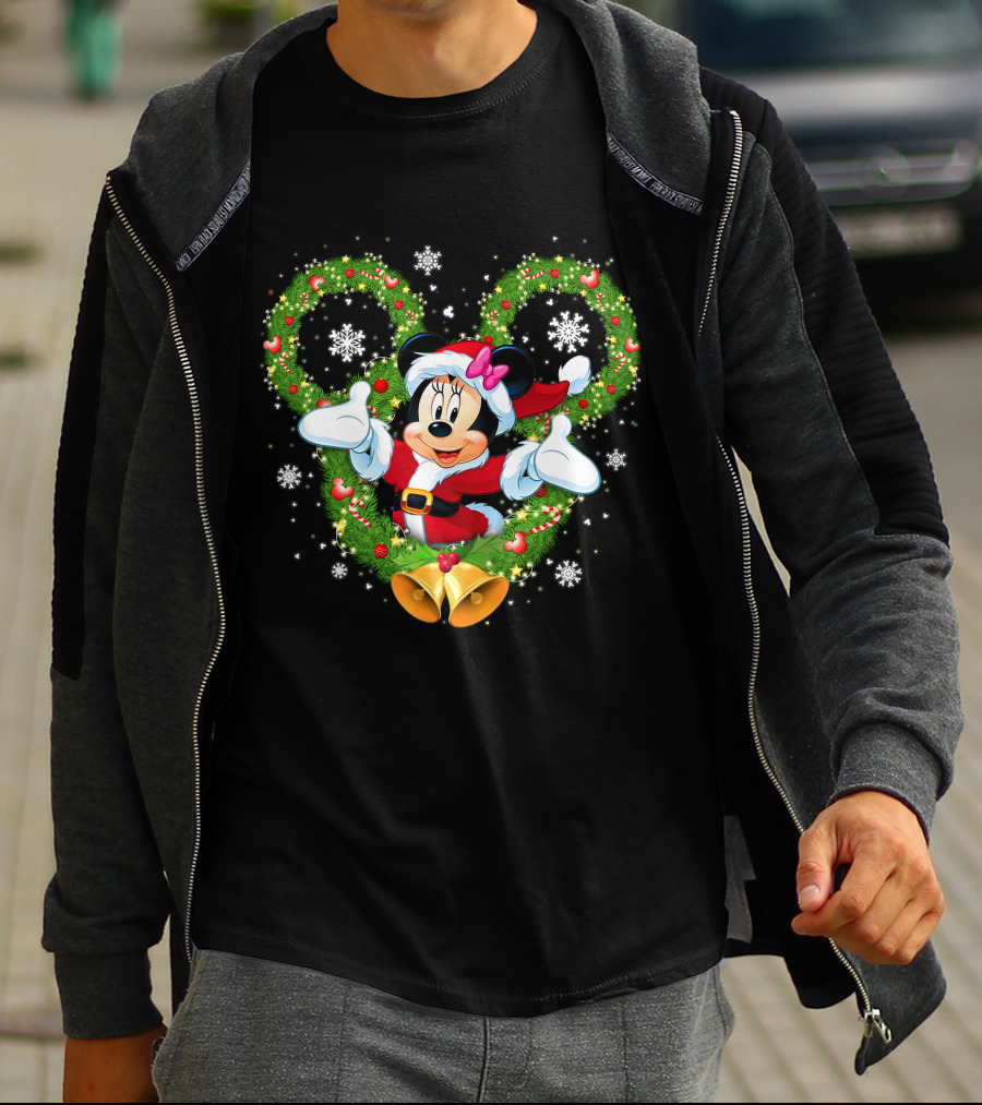 Minnie Mouse Christmas Wreath Santa Snowflakes Bow Bells T-Shirt