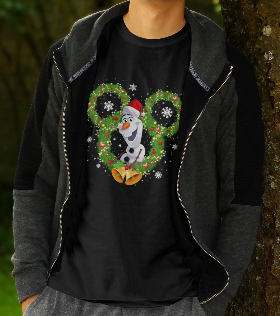 Olaf Frozen Christmas Mickey Wreath With Snowflakes And Santa Hat T-Shirt