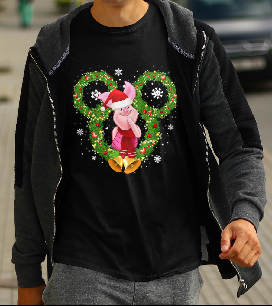Piglet Christmas Wreath Mickey Mouse Ears Snowflakes Santa Hat T-Shirt
