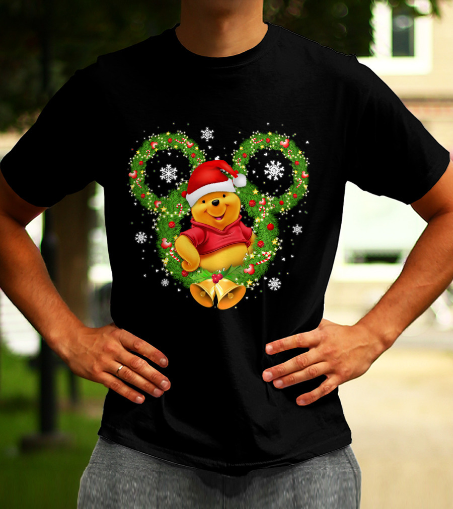 Winnie The Pooh Christmas Mickey Wreath Santa Hat Snowflakes T-Shirt