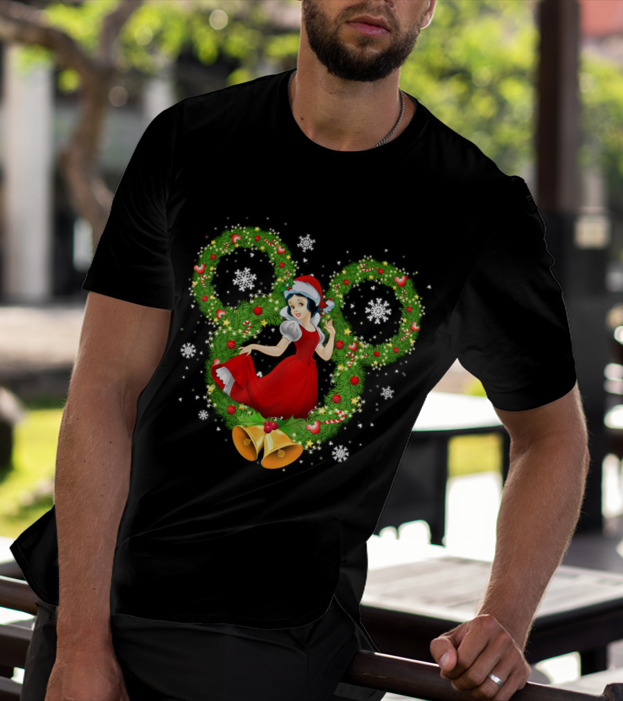 Snow White Christmas Wreath With Mickey Ears And Holiday Bells T-Shirt