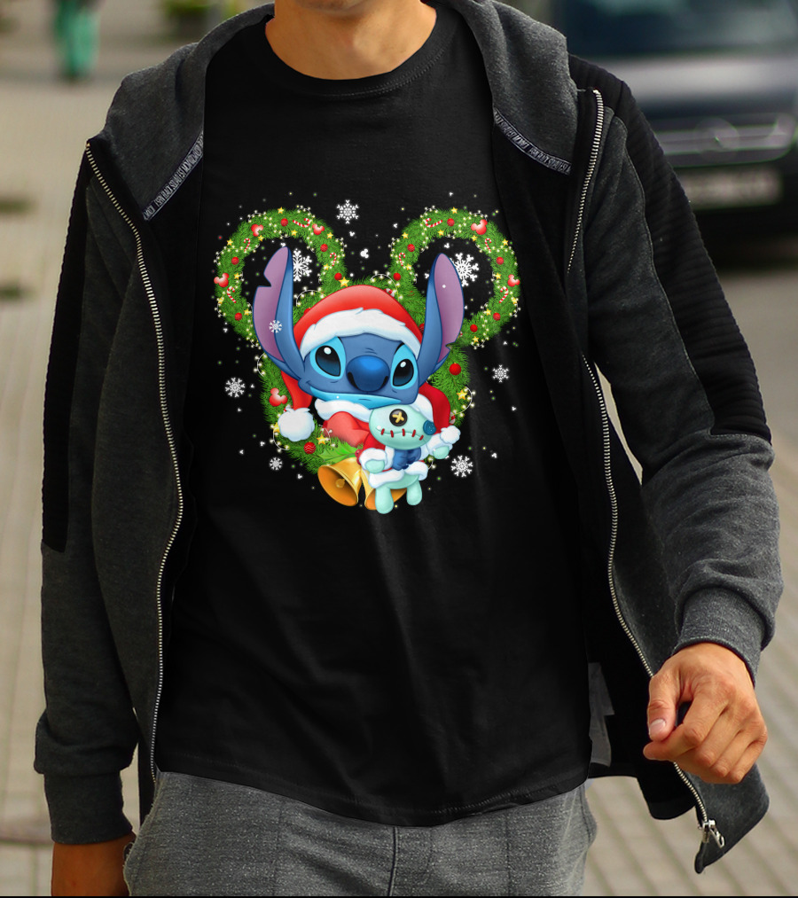Stitch Santa Christmas Wreath Lilo And Stitch Disney Holiday T-Shirt